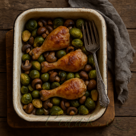 Obrázek 🍗 Pečené kuřecí maso s růžičkovou kapustou a žampiony